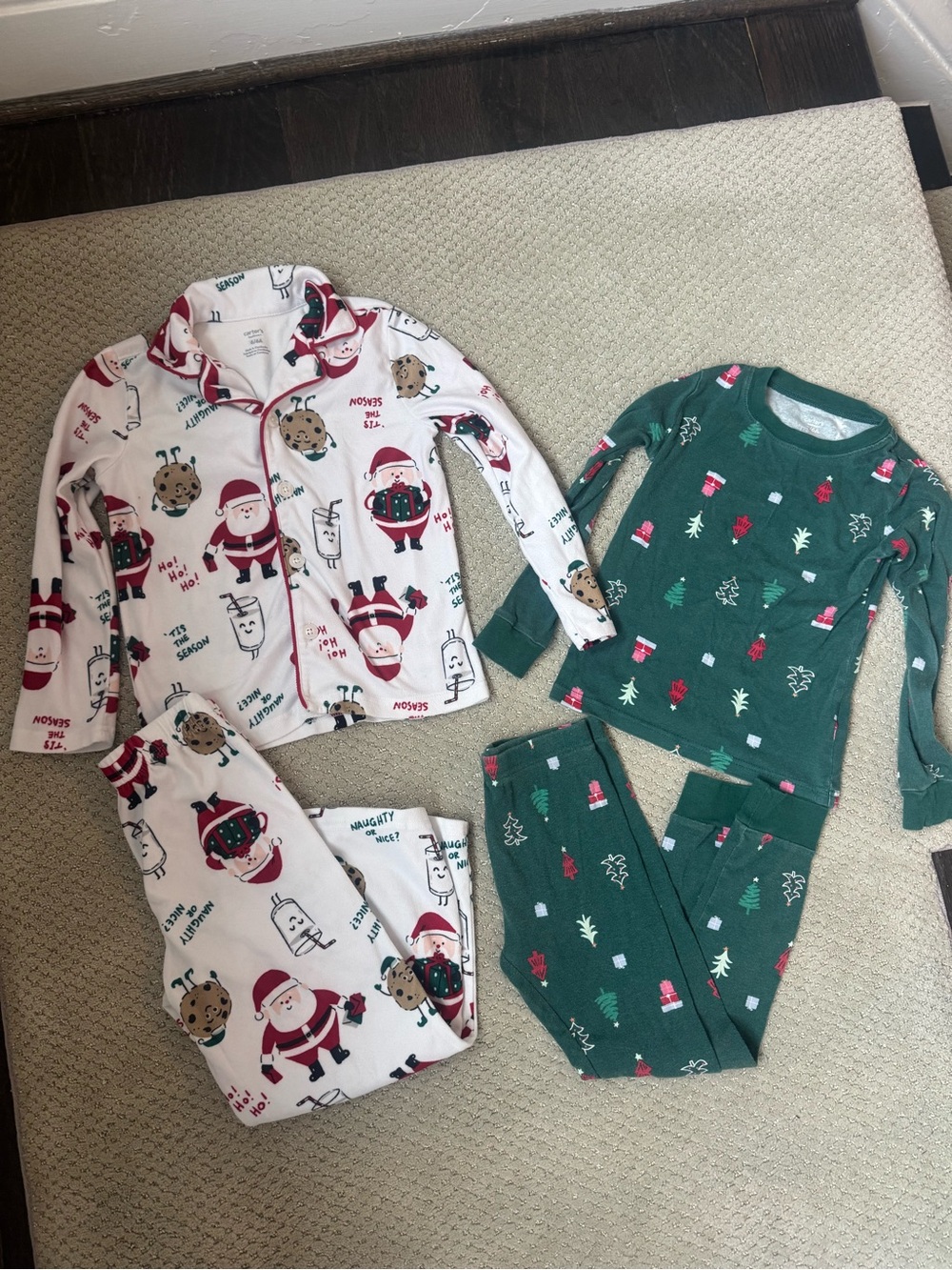 Carters Kids Holiday Pajamas- 2 sets Santa Cookies and trees size 6 unisex